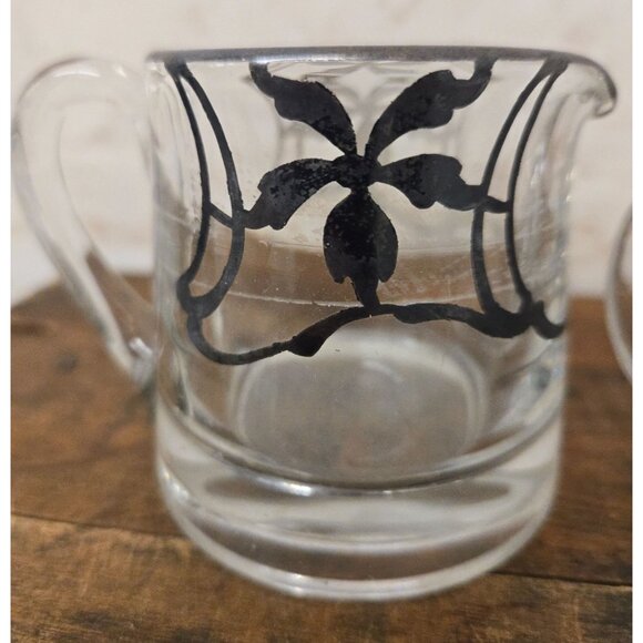 Antique Creamer & Sugar Set Clear Glass with Silver Overlay - Picture 2 of 9